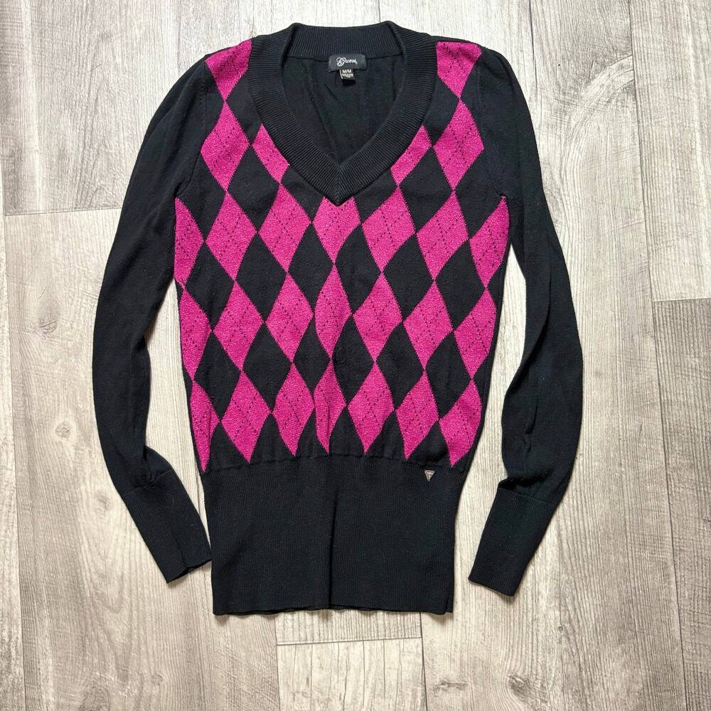 Guess by Marciano Black and Fuchsia Argyle V-Neck Sweater